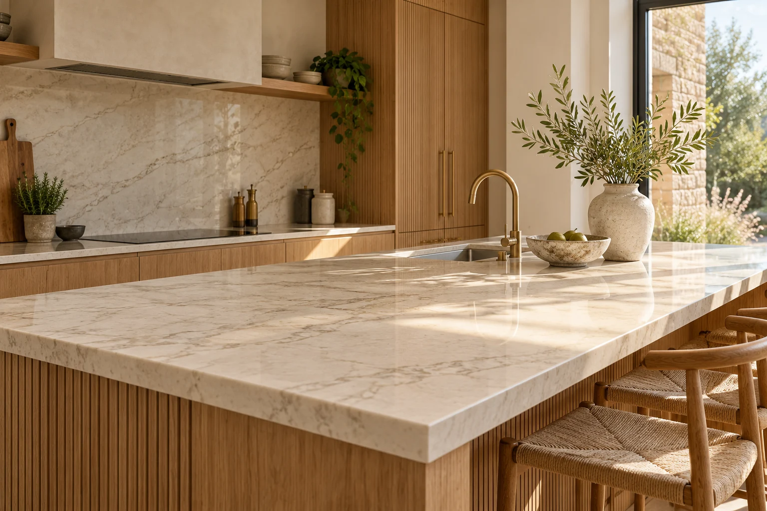 Sunlit oak kitchen with an ivory stone island and softly veined worktop